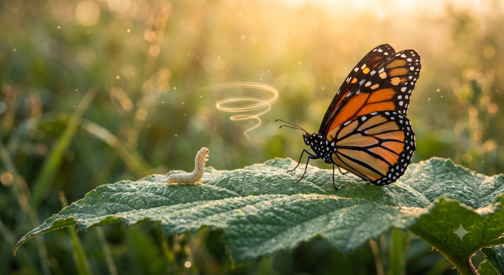 Borboleta majestosa conversando com uma larva passiva em uma folha ao nascer do sol, com espirais de luz simbolizando a Lei da Correspondência.